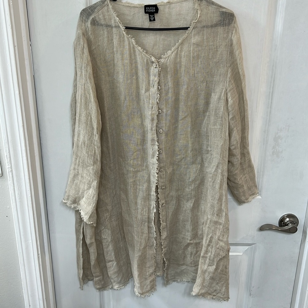 Eileen Fisher Beige 100% Linen 3/4 Sleeve Button Down Tunic Top Size XL
